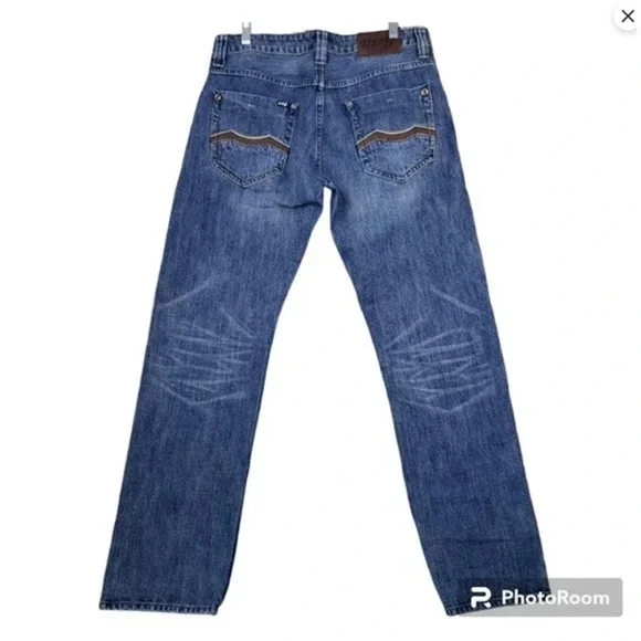 RRJ Original Jeans Men's Straight Blue Jeans Size 34 Blue Embroidered 5 Pocket