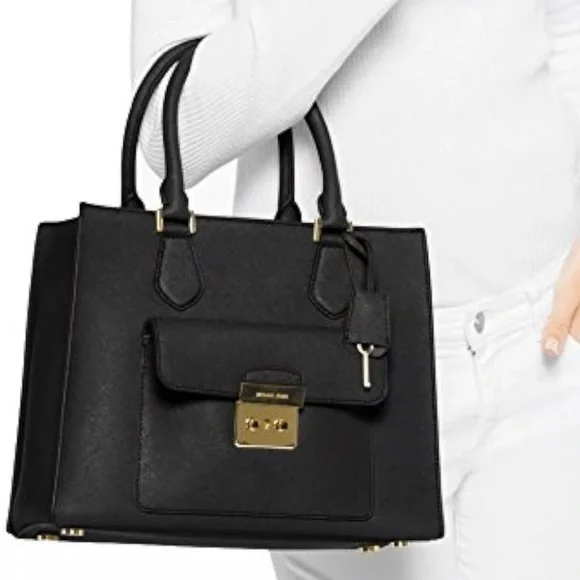 Michael Michael Kors Bridgette Medium East West Leather Tote Bag Black Gold