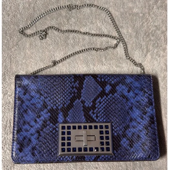 Michael Kors Ellie MD Shoulder Flap Clutch Bag Blue Snake Print Embossed Leather