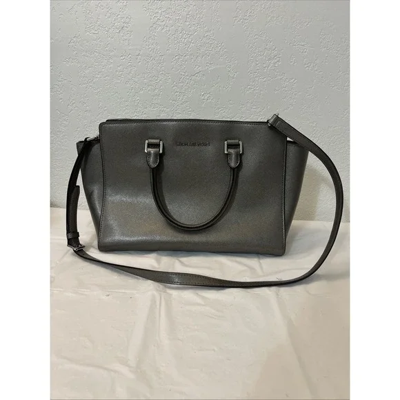 Michael Kors Satchel Women Large Selma Saffiano Leather Bag Silver 16.25x 9x 6