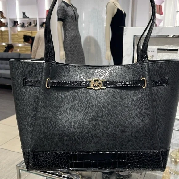 MICHAEL KORS Reed Large Leather Belted Satchel Shoulder Handbag  Black Crocodile