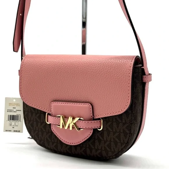 Michael Kors Small Reed Leather Saddle Crossbody Bag Brown/Light Pink