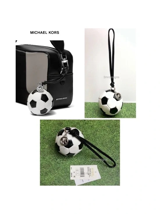 NWT MICHAEL KORS SOCCER BALL Silver-Tone Faux Leather & Nappa Leather Bag Charm