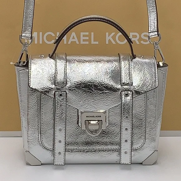 MICHAEL KORS MANHATTAN MEDIUM TOP HANDLE SCHOOL SATCHEL CROSSBODY BAG SILVER