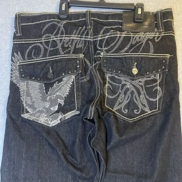 Artful Dodger Jeans Straight Black Embroidered Flap Pocket Y2K Baggy Skater