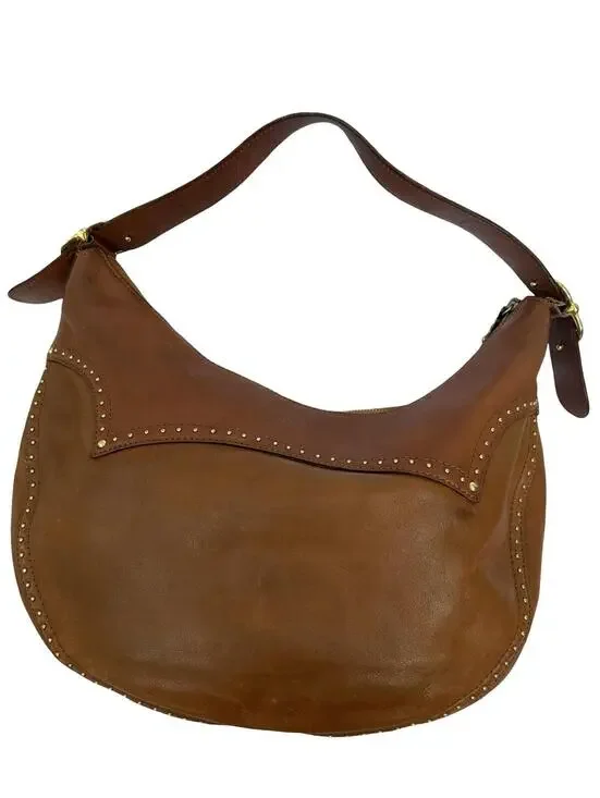 Michael Kors Brown Leather Studded Hobo Shoulder Bag Large Brass‎ Hardware