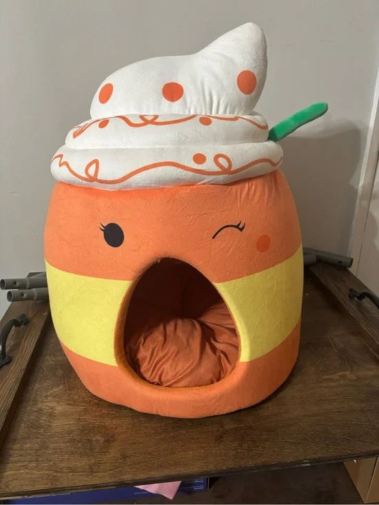Squishmallows Pumpkin Spice Latte Cat Bed with removable puff pillow