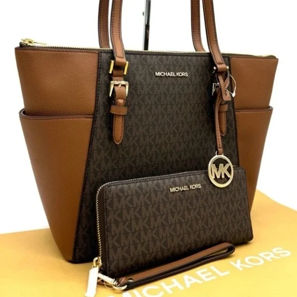 Michael Kors Large Charlotte Tote Bag & Continental Wallet Luggage Brown
