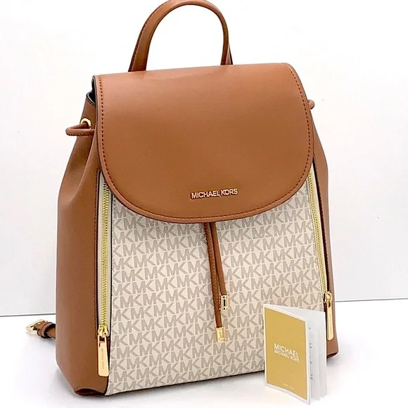 MICHAEL KORS PHOEBE MEDIUM DRAWSTRING BACKPACK VANILLA/ BROWN SIGNATURE COLOR