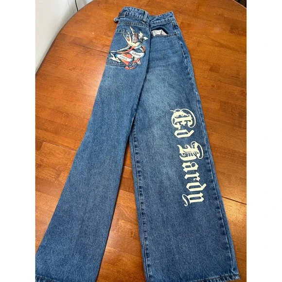 Vintage Ed Hardy Wide Leg Jeans Mens 30 Blue Graphic Tattoo Baggy Denim Y2K