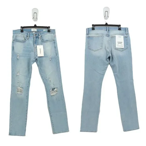 FRAME Men 32 L'Homme Jeans Tubman Blue Skinny Denim Distressed Whisker Mid Rise