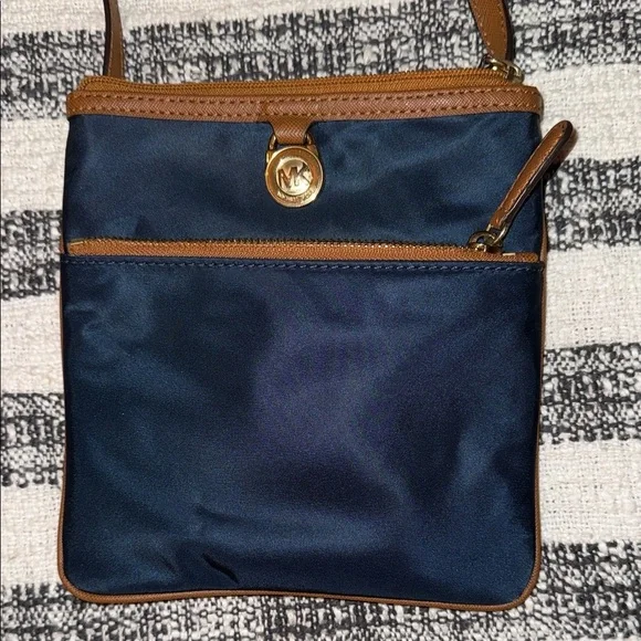 Michael Kors blue & tan nylon & leather crossbody compact travel pockets purse
