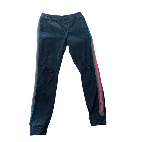 Saint Morta Black Red Green‎ Striped Distressed Denim Joggers Size Large
