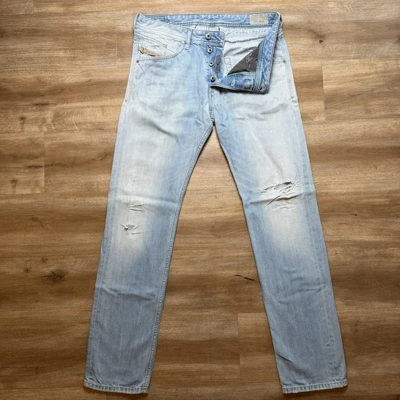 Diesel Belther Jeans Men 32x32 Blue Slim Tapered Light Wash Distress Fade 0827F