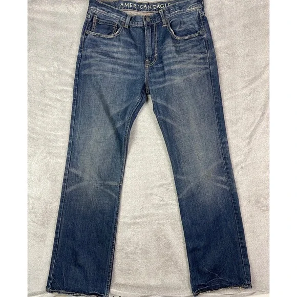 American Eagle Jeans Men Size 34 Low Rise Boot Cut Blue Denim Distressed Casual