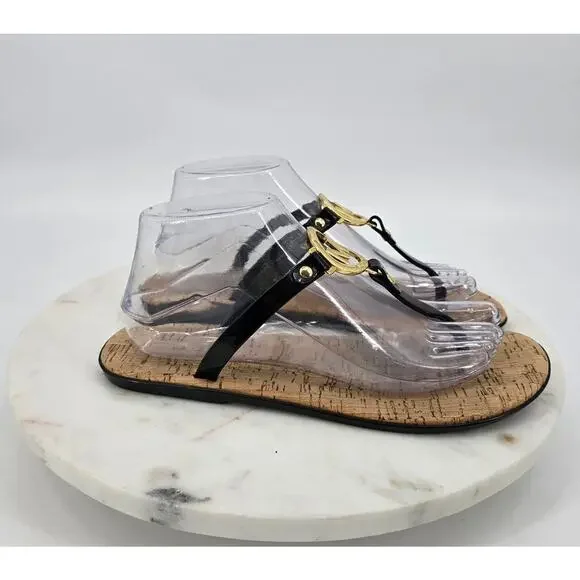 Michael Kors Black‎ Patent Jelly Thong Sandals with Gold Logo