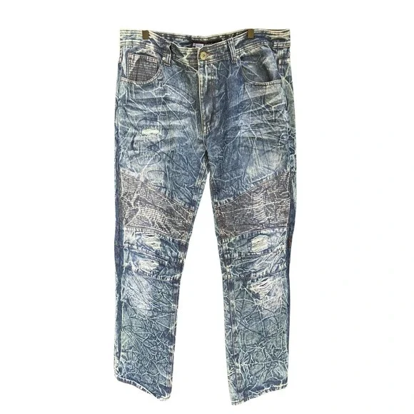 Brooklyn Xpress Moto Jeans Mens 40x34 Blue Acid Wash Distressed Cyber Y2K Biker