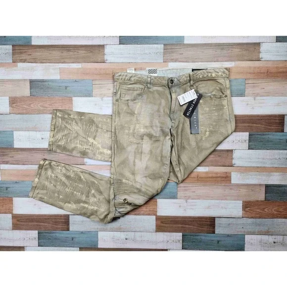 NWT Smoke Rise Gold Metallic‎ 5 Pocket Distressed Slim Fit Jeans Size 38x32