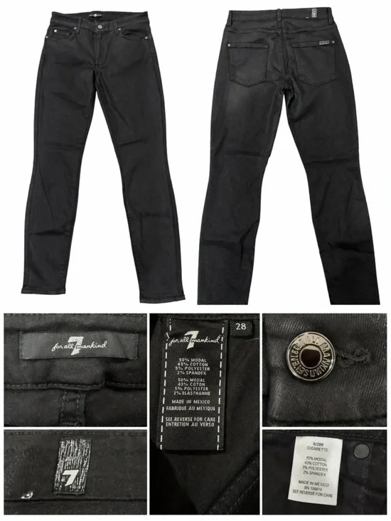 7 For All Mankind Black Coated Skinny Jeans Size 28 Mid Rise Stretch Denim