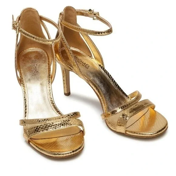 Michael Kors Gold Metallic Snakeskin Ankle Strap Heels Sandals Womens‎ Size  10M