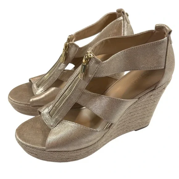 Michael Kors Gold Danita Metallic Leather Front Zip Espadrille Wedge Sandals 10M