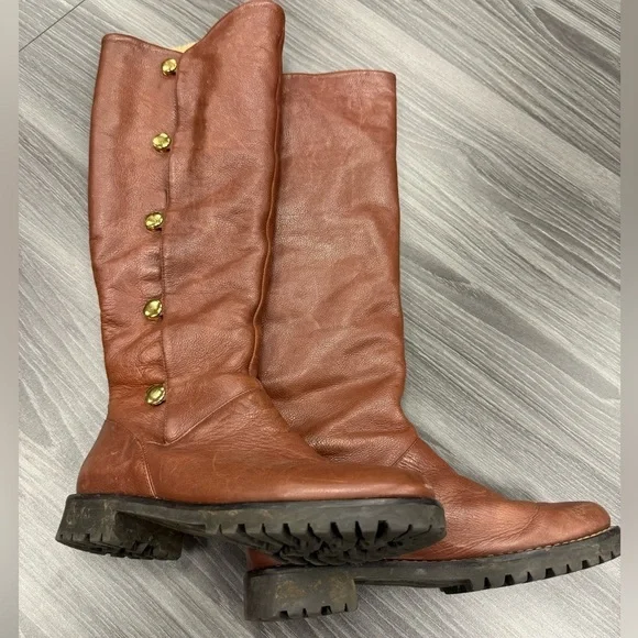 Michael Kors Tall Brown Leather Riding Boots Faux Fur Lined Snap Up Size 6 ½ M