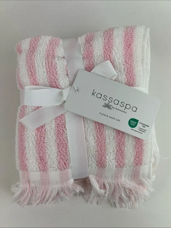 Kassaspa Washcloths Pink & White Striped with Fringe 100% Cotton Set of 4 NEW