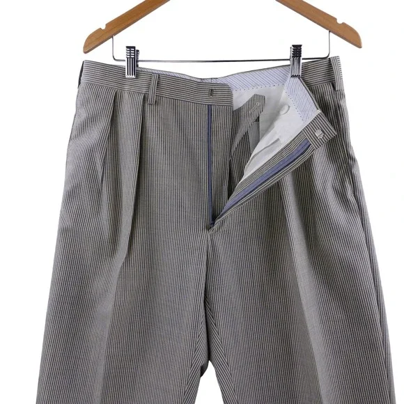 Samuelsohn Men 35 Reg Blue Striped Wool Pleated Cuffed Pants Italy fits 34x32 US