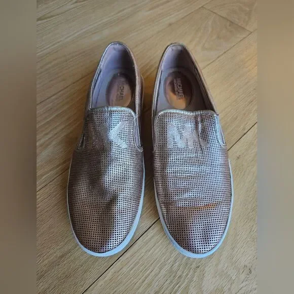 Michael Kors Women Keaton Slip-on Rose Gold Metallic Leather Lasercut Sneaker 7M