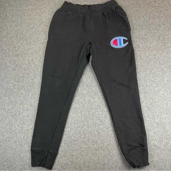 Vintage Champion Sweatpants Mens Medium Black Big Logo Reverse Weave 90s Y2K