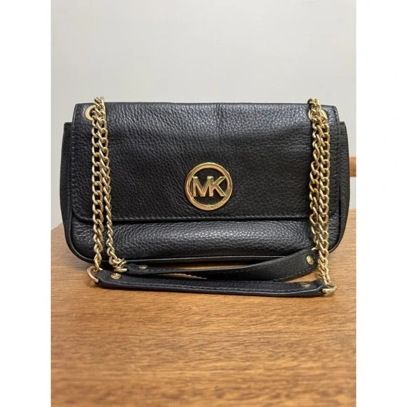 Michael Kors Fulton Flap Black Leather Shoulder Bag Pebbled Gold Chain Strap