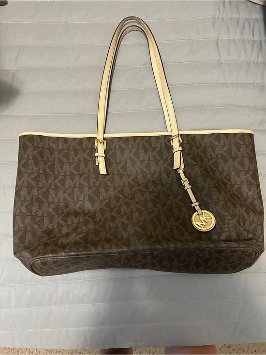 Michael Kors Brown Signature MK Tote with Cream Trim and Gold Accent