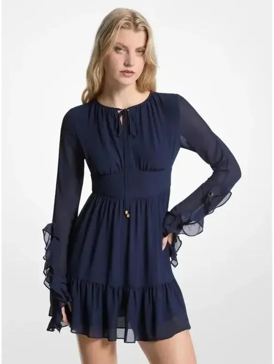 168$ Michael Michael Kors Ruffled Georgette Mini Dress Long Sleeves Size S Blue