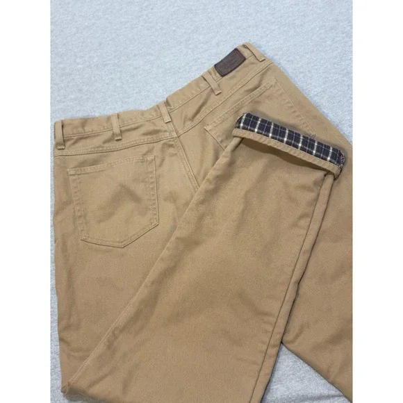 LL Bean Flannel Lined Chino Pants Mens 38x36 Khaki Tan Plaid Natural Fit Cotton