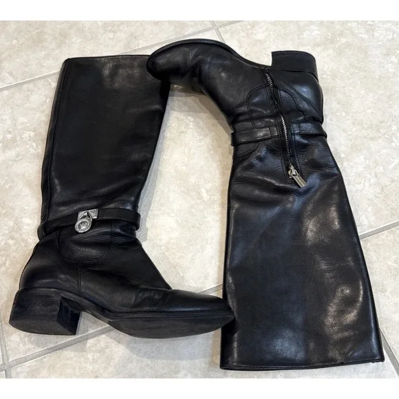 Michael Kors Knee High Riding Boots Size 7.5 Black Leather Silver Metal Charm