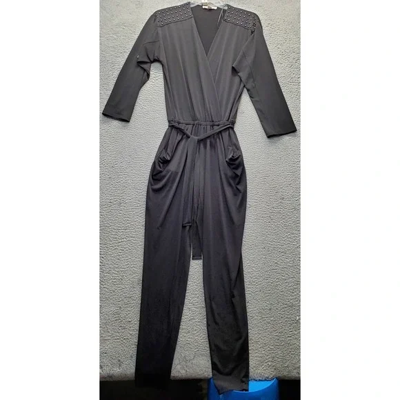 Michael Kors Jumpsuit Womens Medium Black Studded Shoulder Long Sleeve Tie Waist
