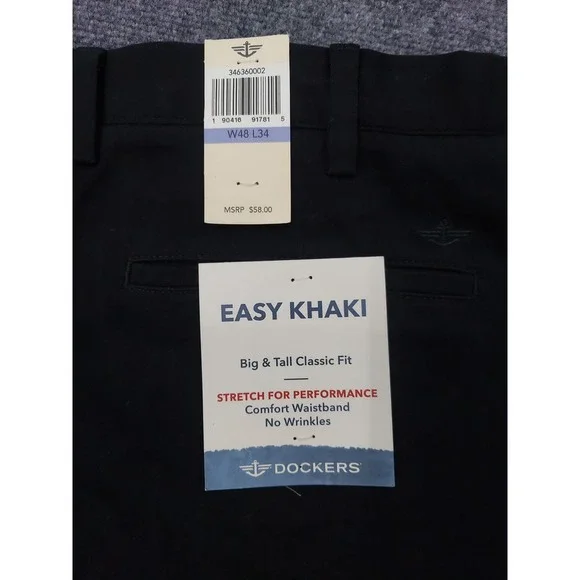 DOCKERS Khaki Pants Men 48x34 Black Big and Tall Classic Fit Comfort No Iron NWT