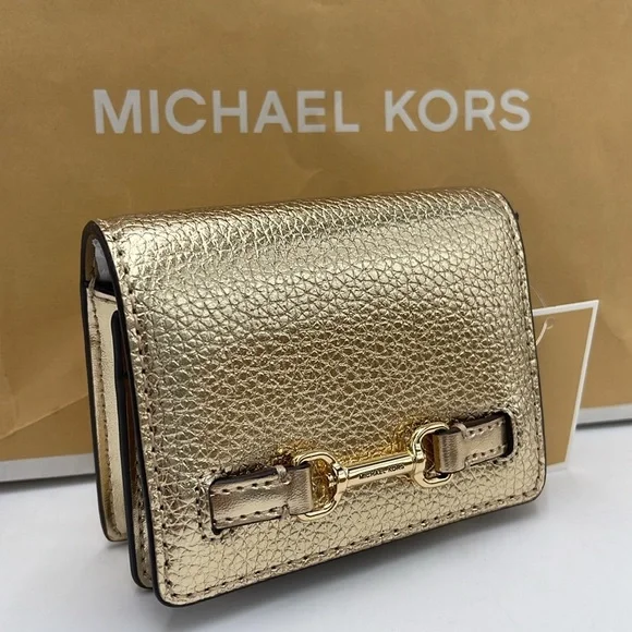 MICHAEL KORS Carson Small Metallic Pebbled Leather Wallet Pale Gold  NWT