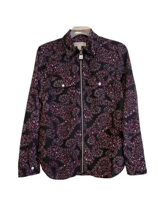 Michael Kors Black Purple Floral Blouse Paisley Long Sleeve Lock Zipper SMALL