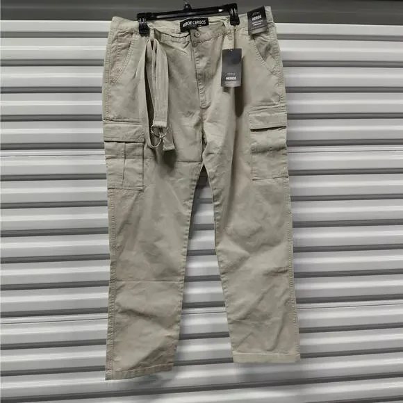 Mens Belted Cargo Work Pants 40W x 30L Beige Cotton Utility Pockets Ashly Heroe