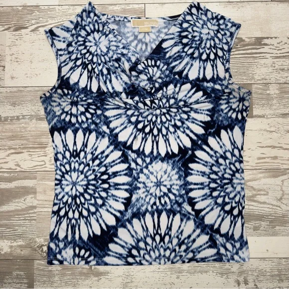 Michael Kors Petite Medium Sleeveless Abstract Floral‎ Top Blue White V-Neck