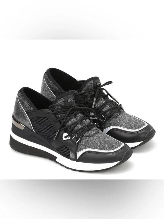 Michael Kors Black and Gray Knit Leather Lace-Up bold statement Sneakers