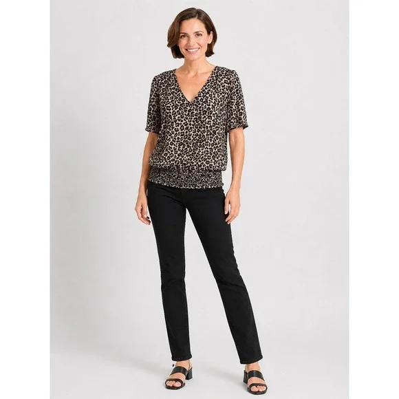 Michael Kors Leopard Animal Print V-Neck Smocked Hem Blouse Tan Black Womens M