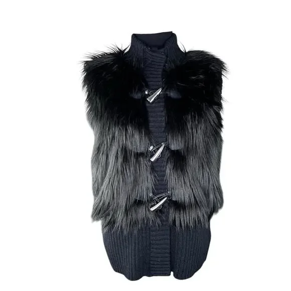 Michael Kors Mob Wife Faux Fur Sweater Vest Women Sz Lg Black‎ Wool Blend EUC