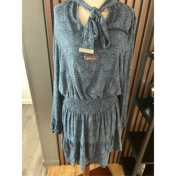 Michael Kors Blue Paisley V-neck Dress with Branded Neck Tie Size 4 mini western