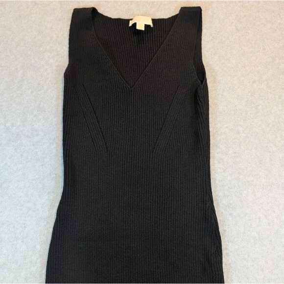 Michael Kors Womens L Black Ribbed Knit Bodycon Midi Dress V-Neck Sleeveless