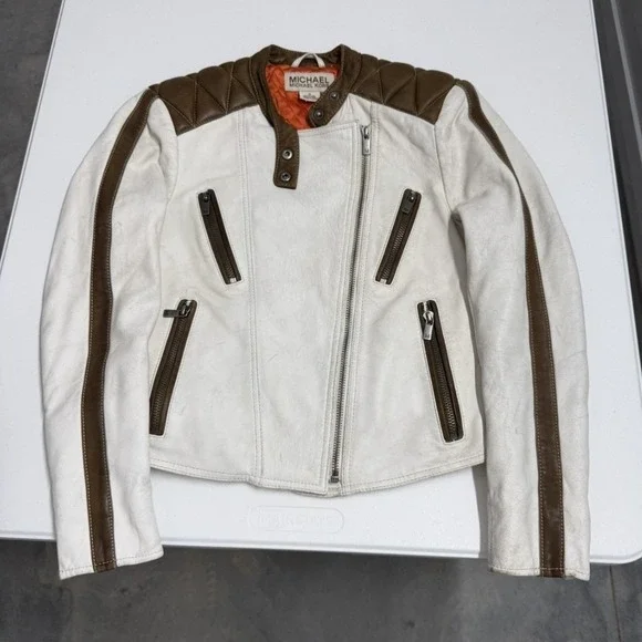 MICHAEL KORS Women Moto Jacket White Brown Leather Biker‎ Style Size M