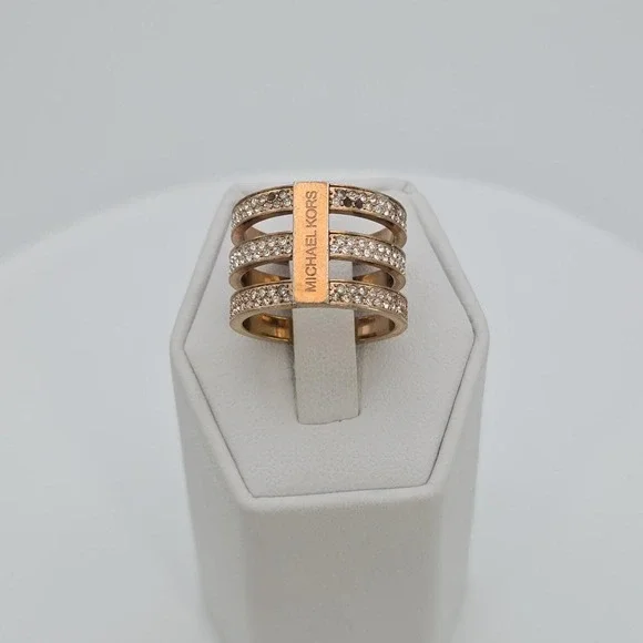 MICHAEL KORS Tri-Bar Ring Pavé Crystal Encrusted Rose Gold Tone Size 7 FREE $HIP