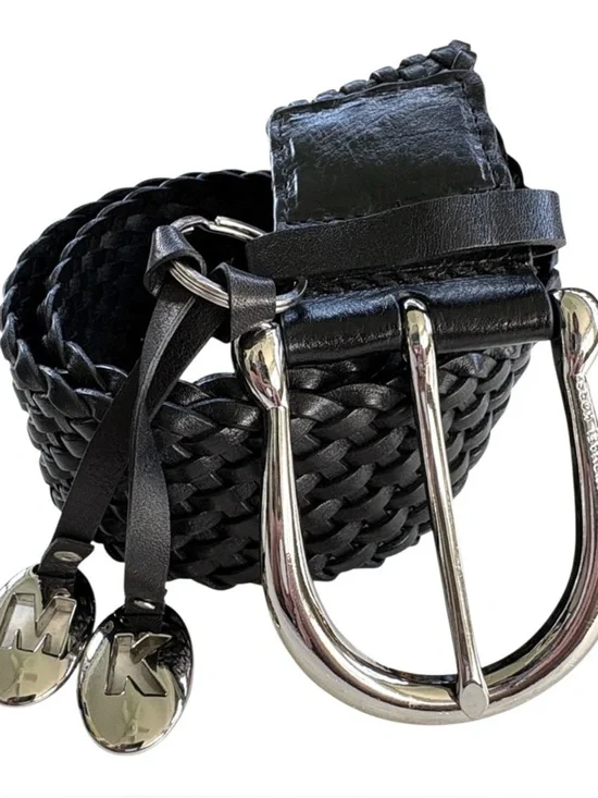 NWT Michael Kors Leather Woven Belt Logo Hang Charms Silver Buckle Size Small