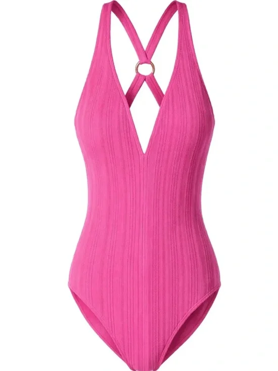 Michael Kors Women's Plunging V Neck Cross Back Hot Pink One Piece Swimsuit 6